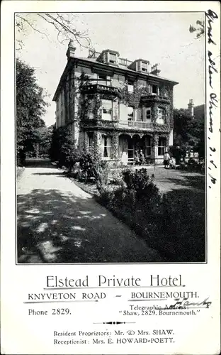 Ak Bournemouth South West England, Elstead Private Hotel, Knyveton Road, Mr. & Mrs. Shaw