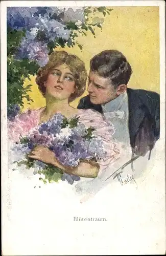 Künstler Ak Feiertag, K., Liebespaar, Blütentraum, Blumenstrauß