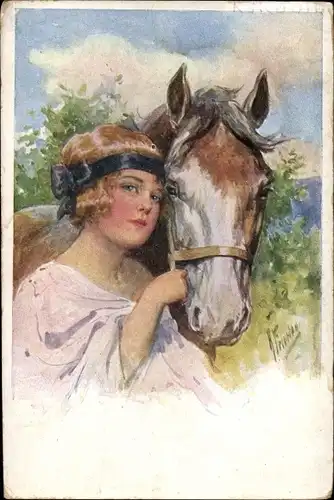 Künstler Ak Feiertag, K., Junge Frau mit Pferd