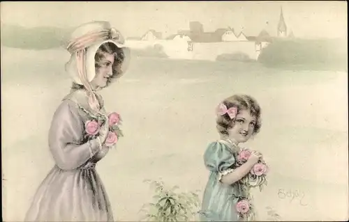 Künstler Ak Junge Frau, Mädchen, Portrait, Rosen