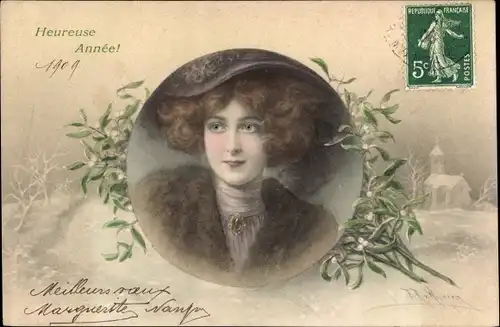 Künstler Ak v. Wichera, R. R., Glückwunsch Neujahr, Portrait einer jungen Frau, Hut, Mistelzweige