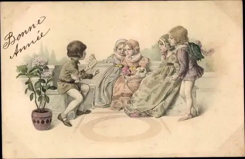 Ak Glückwunsch Neujahr, Junge liest ein Gedicht vor, Mädchen hören zu, Blumen, Blumentopf