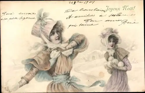 Litho Glückwunsch Neujahr, Schneeballschlacht, Frauen-Portrait