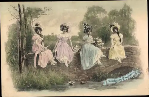 Ak Vier Frauen auf einer Brücke sitzend