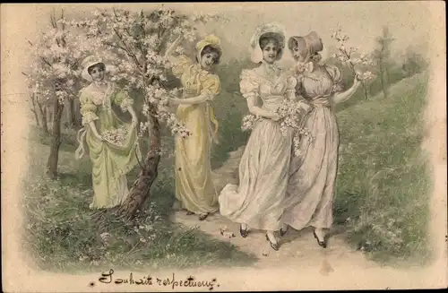 Ak Vier junge Frauen spazieren durch den Garten, Blühende Bäume