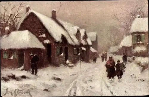 Künstler Ak Stroom, J., Dorfpartie, Passanten, Wohnhäuser, Winter