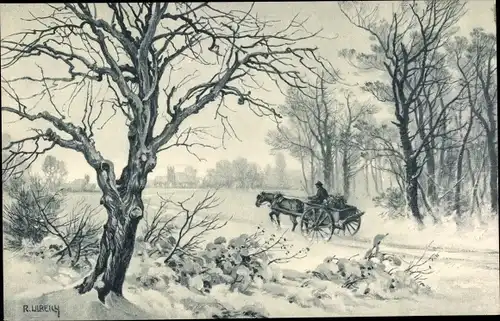 Künstler Ak Ulreich, R., Wald im Winter, Fuhrwerk, Bäume, Im Hintergrund eine Villa