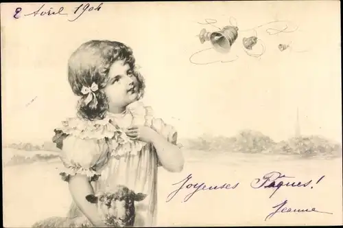 Litho Mädchen und Lamm, Portrait, Glocken