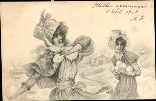 Ak Zwei junge Frauen, Schneebälle, Munk