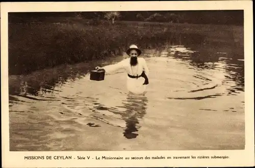 Ak Missions de Ceylan, Série V, Le Missionnaire au secours des malades en traversant les rizières