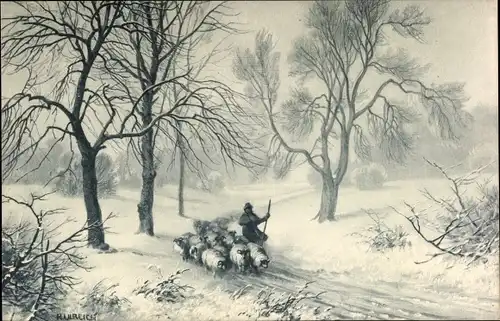 Künstler Ak Ulreich, R., Hirt, Schafe, Wald, Winterszene