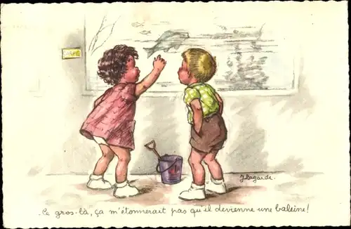 Künstler Ak Lagarde, J., Kinder und ein Fisch im Aquarium