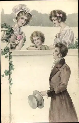 Litho Drei junge Frauen, Verehrer mit Rose, Efeu, Hut