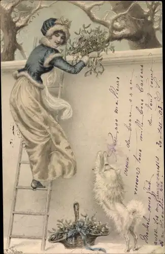 Künstler Litho v. Wichera, R. R., Frau mit Mistelzweigen, Leiter, Weißer Hund