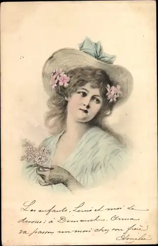 Litho Frau-Portrait, Hut, Blumen