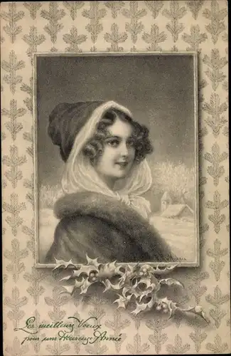 Künstler Ak v. Wichera, R. R., Glückwunsch Neujahr, Frau im Wintermantel, Stechpalmenzweige