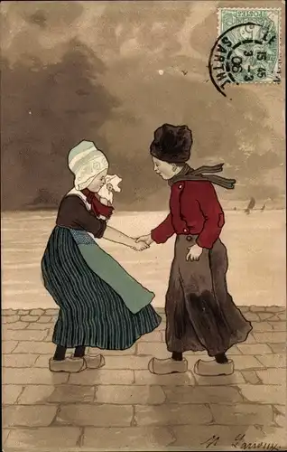 Ak Niederlande, Zwei Kinder geben sich die Hand, Weinendes Mädchen, Abschied, Munk 207