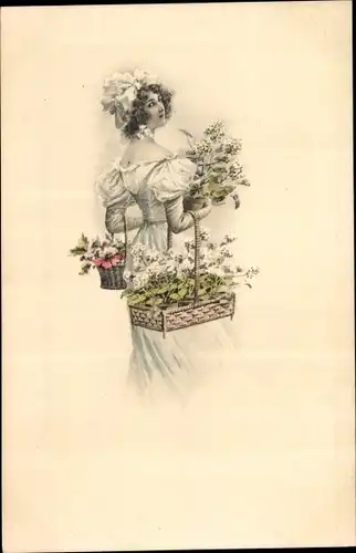 Ak Frau mit Blumen, Blumenkörbe, Portrait, Weißes Kleid