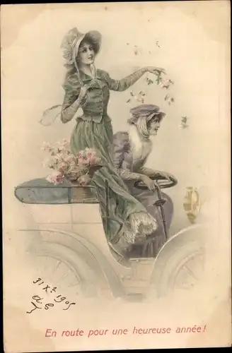 Ak Glückwunsch Neujahr, Zwei Frauen fahren Auto, Blumen