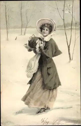 Künstler Ak Watzal, H., Junge Frau mit Muff, Spaziergang, Wintermantel, Kleid