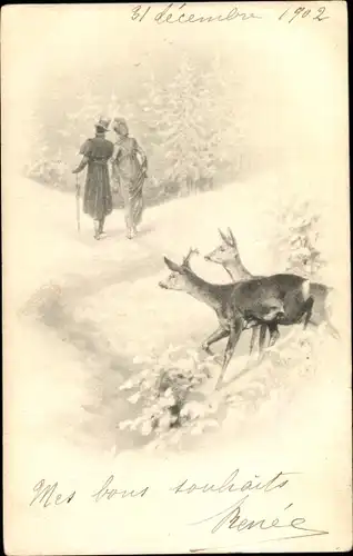 Litho Junger Hirsch und Reh, Im Hintergrund ein Liebespaar