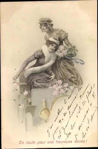 Ak Glückwunsch Neujahr, Zwei Frauen fahren Auto, Blumen