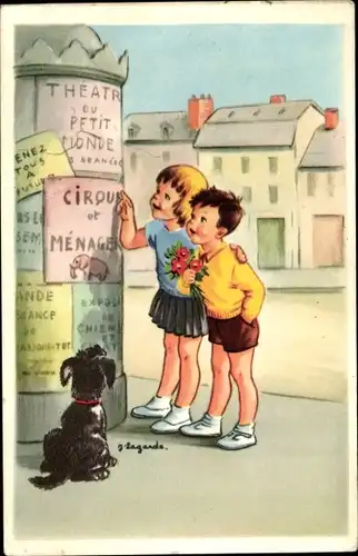 Künstler Ak Lagarde, J., Kinder an einer Werbesäule, Hund