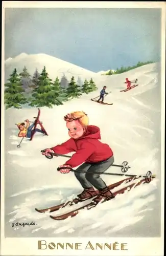 Künstler Ak Lagarde, J., Glückwunsch Neujahr, Kinder fahren Ski