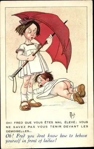 Künstler Ak Mich, Kind mit nacktem Po, Fred, you don't know how to behave yourself in front...
