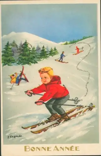 Künstler Ak Lagarde, J., Glückwunsch Neujahr, Kinder fahren Ski, Glitzer