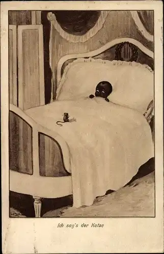 Künstler Ak Zahl, H., Ich sag's der Katze, Kind im Bett, Maus auf der Bettdecke