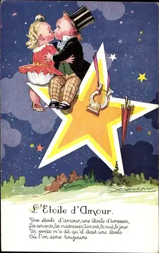 Künstler Ak Mauzan, L'Etoile d'Amour, küssendes Paar auf einem Stern