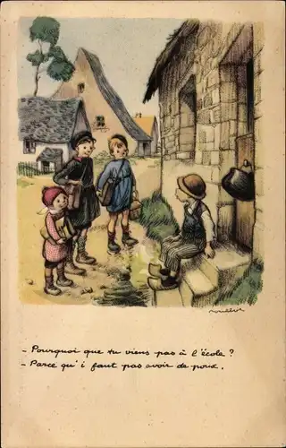 Künstler Ak Poulbot, Ligue Nationale contre le Taudis, Pourqoui que tu viens pas a l'ecole
