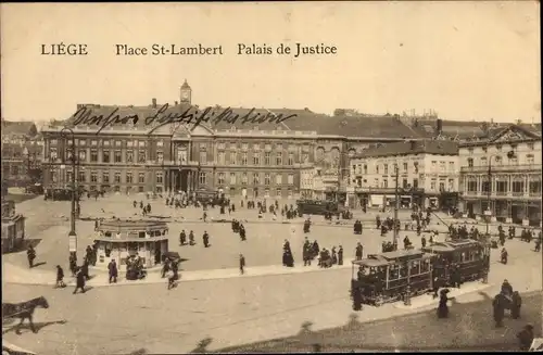 Ak Liège Lüttich Wallonien, Place St. Lambert, Palais de Justice, Straßenbahn