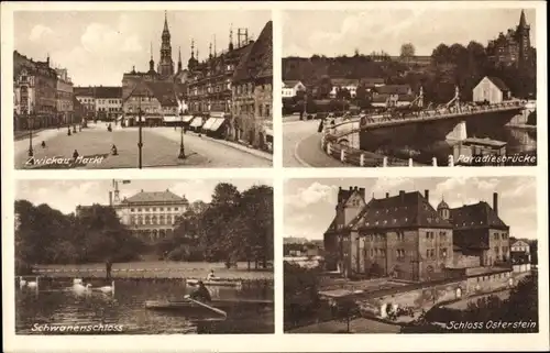 Ak Zwickau Sachsen, Paradiesbrücke, Schloss Osterstein, Markt, Schwanenschloss