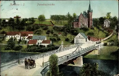 Ak Zwickau in Sachsen, Paradiesbrücke mit Schlösschen und Pferdegespann