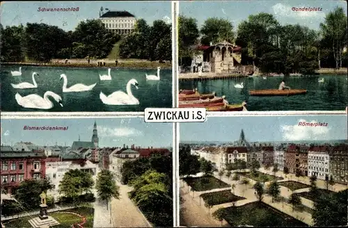 Ak Zwickau in Sachsen, Schwanenschloss, Gondelplatz, Römerplatz, Bismarckdenkmal
