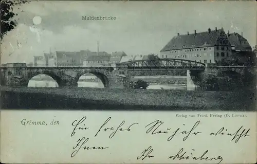 Mondschein Ak Grimma in Sachsen, Muldenbrücke