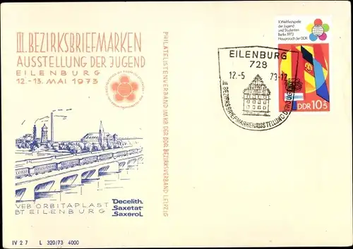 Ak Eilenburg Sachsen, 3. Bezirksbriefmarkenausstellung der Jugend 1973, VEB Orbitaplast, Decelith