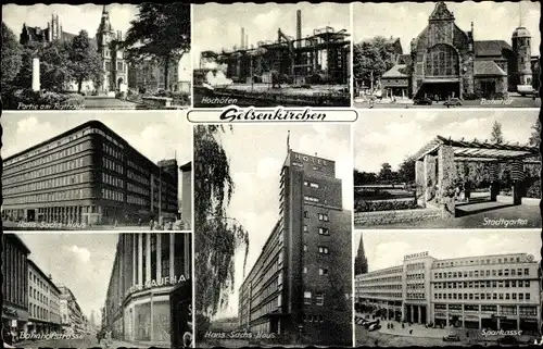 Ak Gelsenkirchen, Stadtgarten, Bahnhof, Sparkasse, Rathaus, Hans Sachs Haus, Hochöfen, Kaufhaus