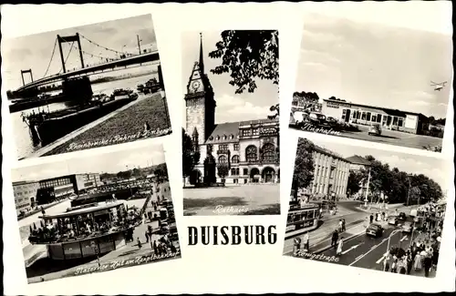 Ak Duisburg im Ruhrgebiet, Rheinbrücke, Rathaus, Flughafen, Königstraße, Gläserner Hut