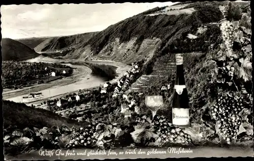 Ak Brodenbach an der Mosel, Panorama, Weinflasche, Weinglas