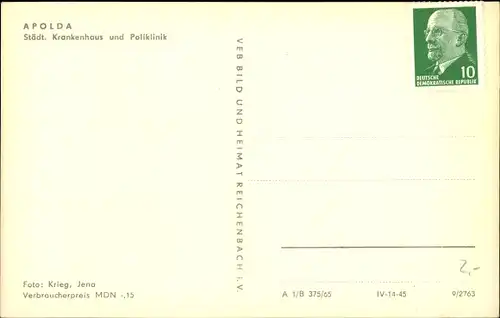 Ak Apolda in Thüringen, Städt. Krankenhaus und Poliklinik