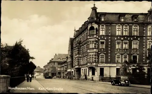 Ak Nordhausen in Thüringen, Geschäfte, Straßenbahn, Karl Marx Straße