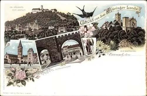 Litho Lutherstadt Eisenach in Thüringen, Wartburg, Nicolaitor, Dr. Köllners Kuranstalt