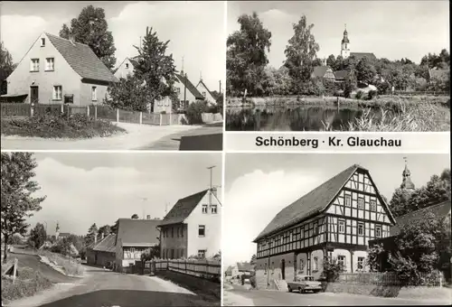 Ak Schönberg Kreis Glauchau Sachsen, Kirche, Dorfansichten, Fachwerkhaus