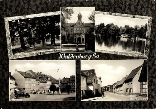 Ak Waldenburg in Sachsen, Bahnhofstraße, Marktplatz, Gondelteich, Heilstätte, Eichenallee