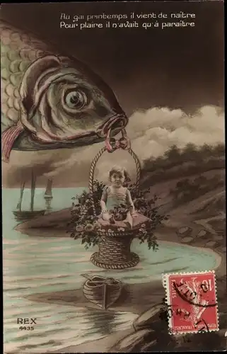 Ak Fisch hat Korb mit Kleinkind im Maul, Fotomontage