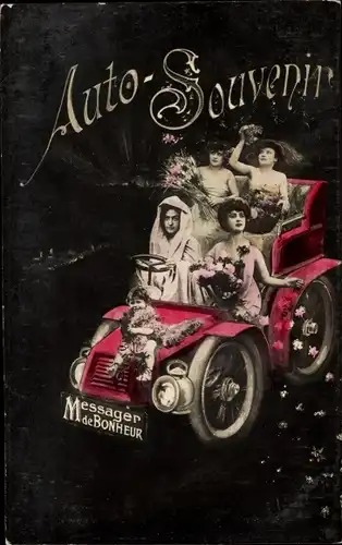 Ak Auto Souvenir, Frauen in einem Automobil, Fotomontage