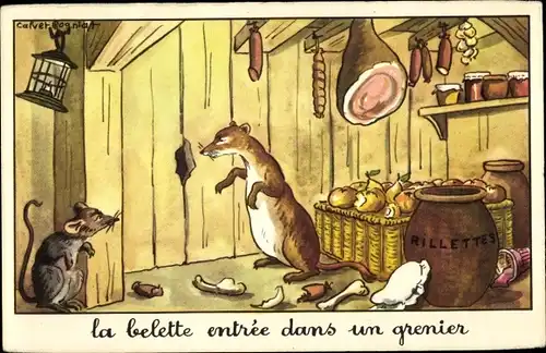 Künstler Ak La Belette entree dans un Grenier, Maus in einem Lebensmittel-Laden, Fleisch, Gemüse